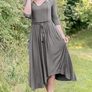 Matilda Jane Size S Dress Go West Gray Maxi Assymetrical Gray 3/4 Sleeve VNeck